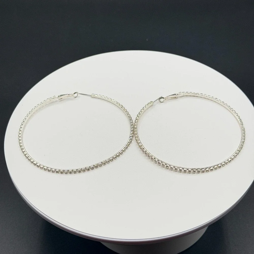 Large Rhinestone Hoop Earrings Silver Tone Sparkly Statement Y2K Party Gift